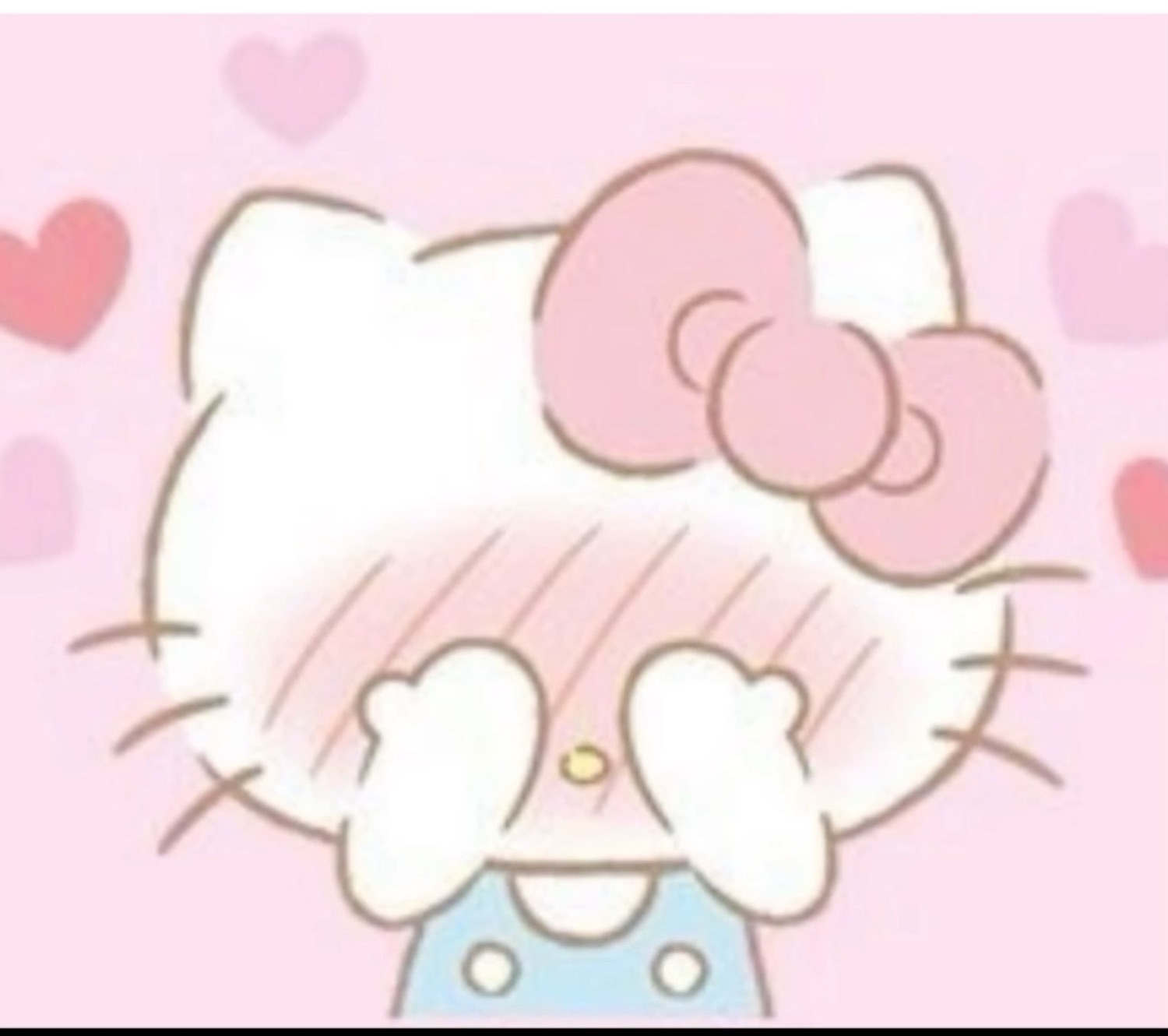 Hello Kitty blushing hard, covering her face with both paws, hearts all around