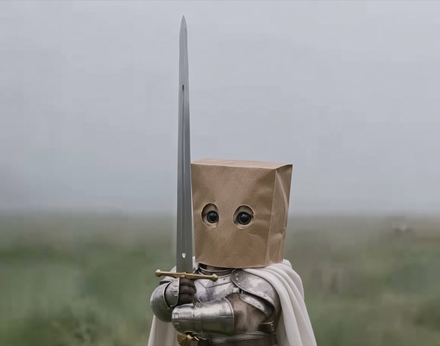 Knight with a paper bag over his head holding a sword