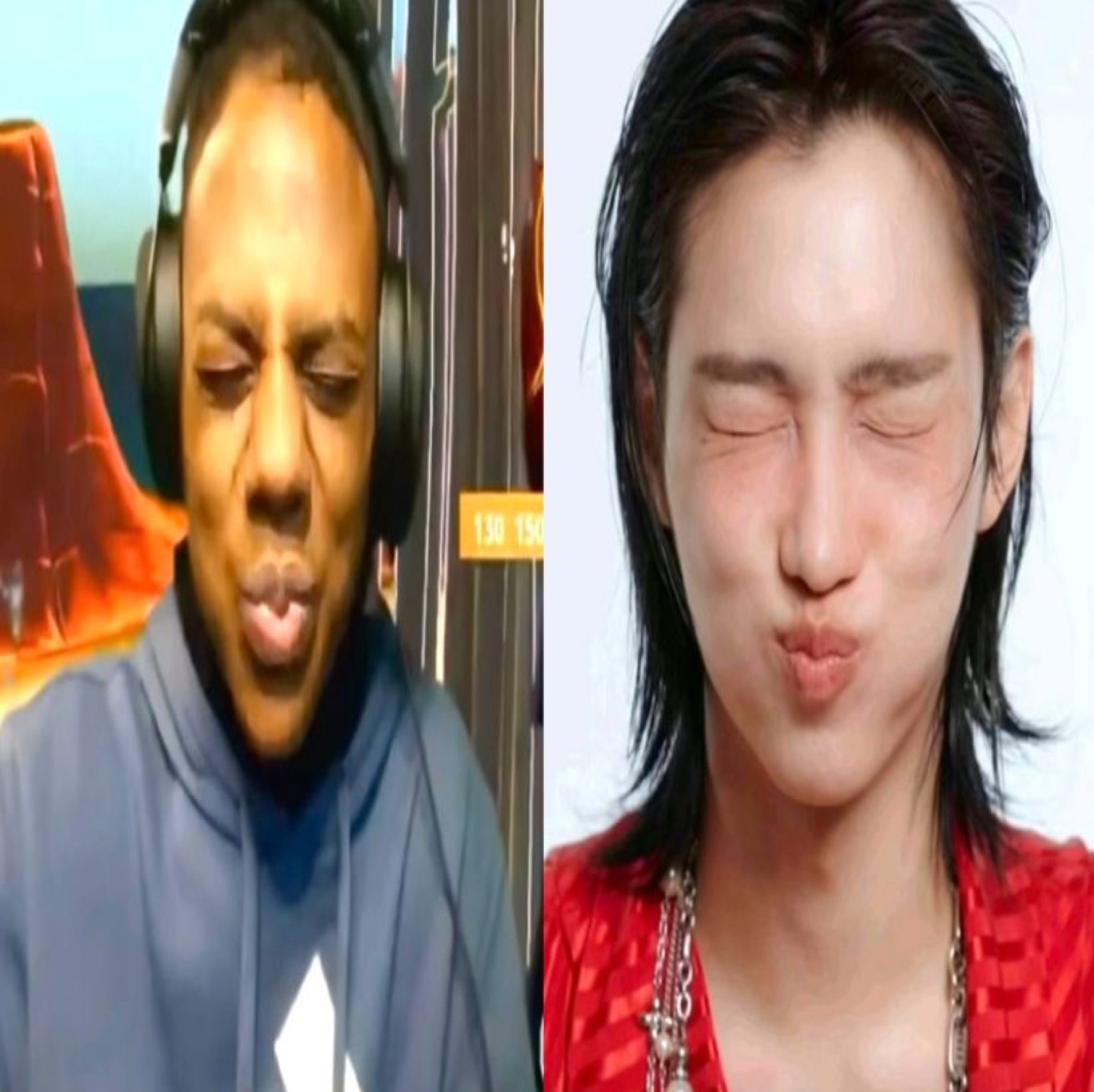 Side-by-side of a guy and a K-pop artist both making the same puckered kiss face