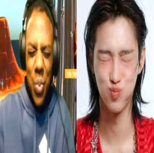 Side-by-side of a guy and a K-pop artist both making the same puckered kiss face