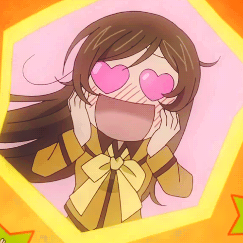 Anime girl with heart eyes blushing and squeezing her cheeks in excitement