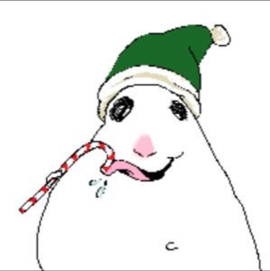 Cute cartoon hamster in a Christmas hat drooling over a candy cane with a sly grin