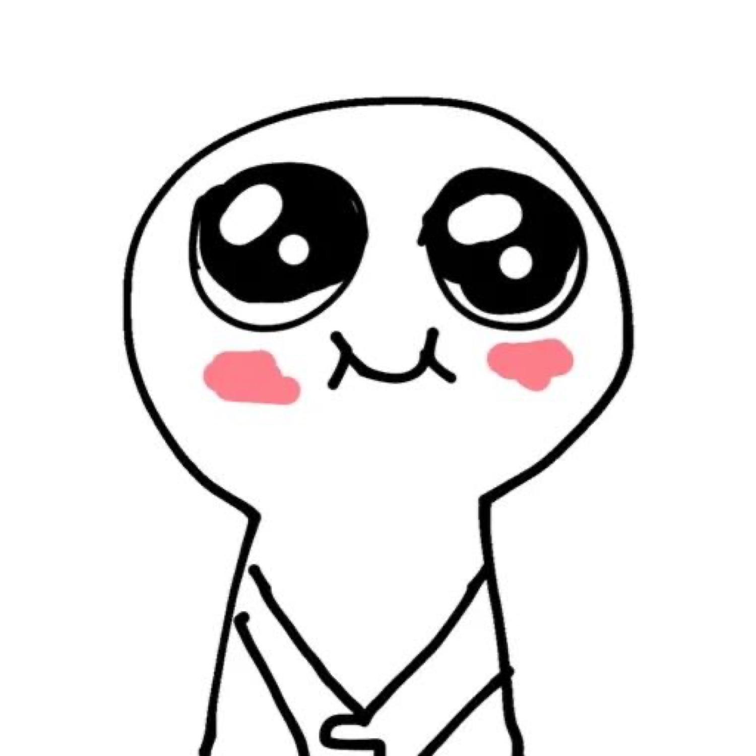 Cute round cartoon character with giant teary eyes and pink blush looking shy