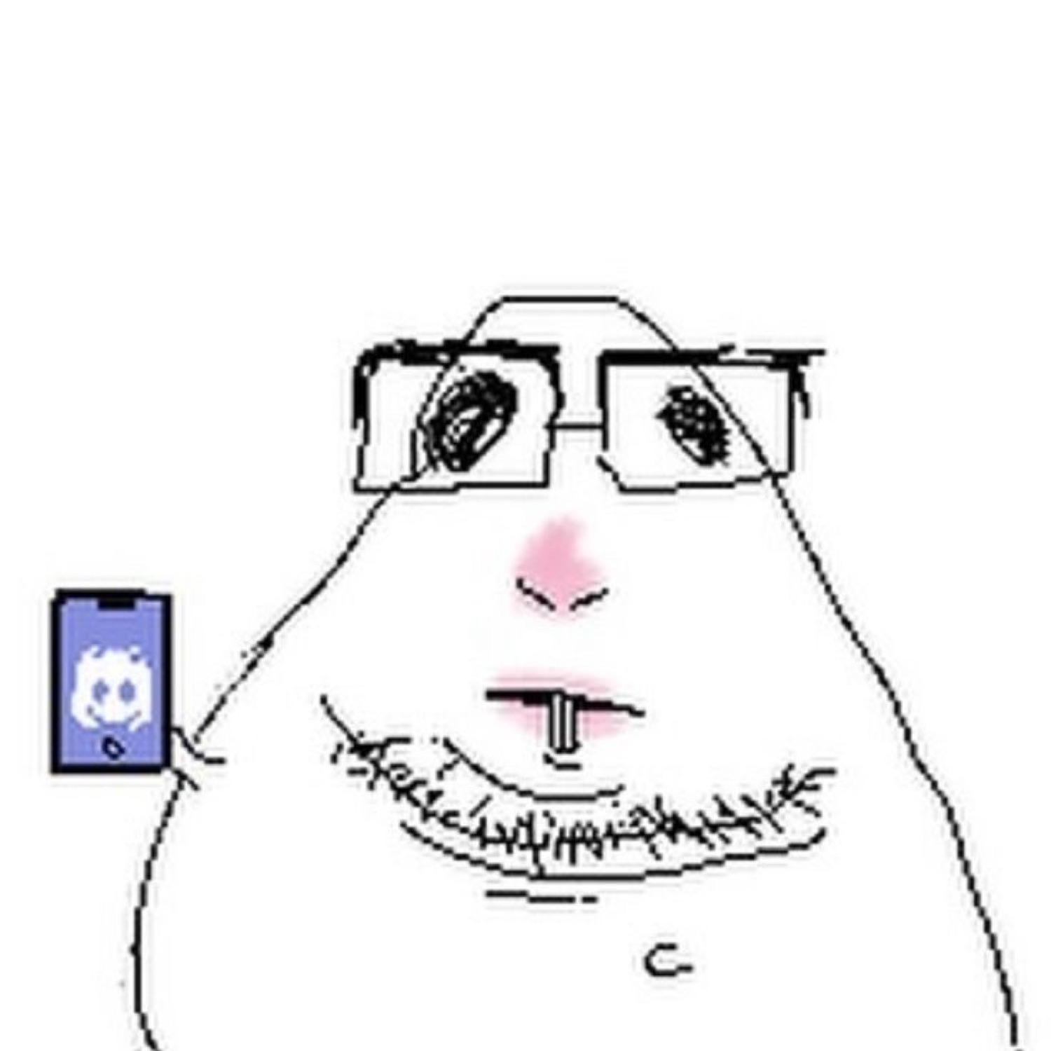 Crude blob-face drawing with glasses holding a Discord phone, smug and heavy-lidded