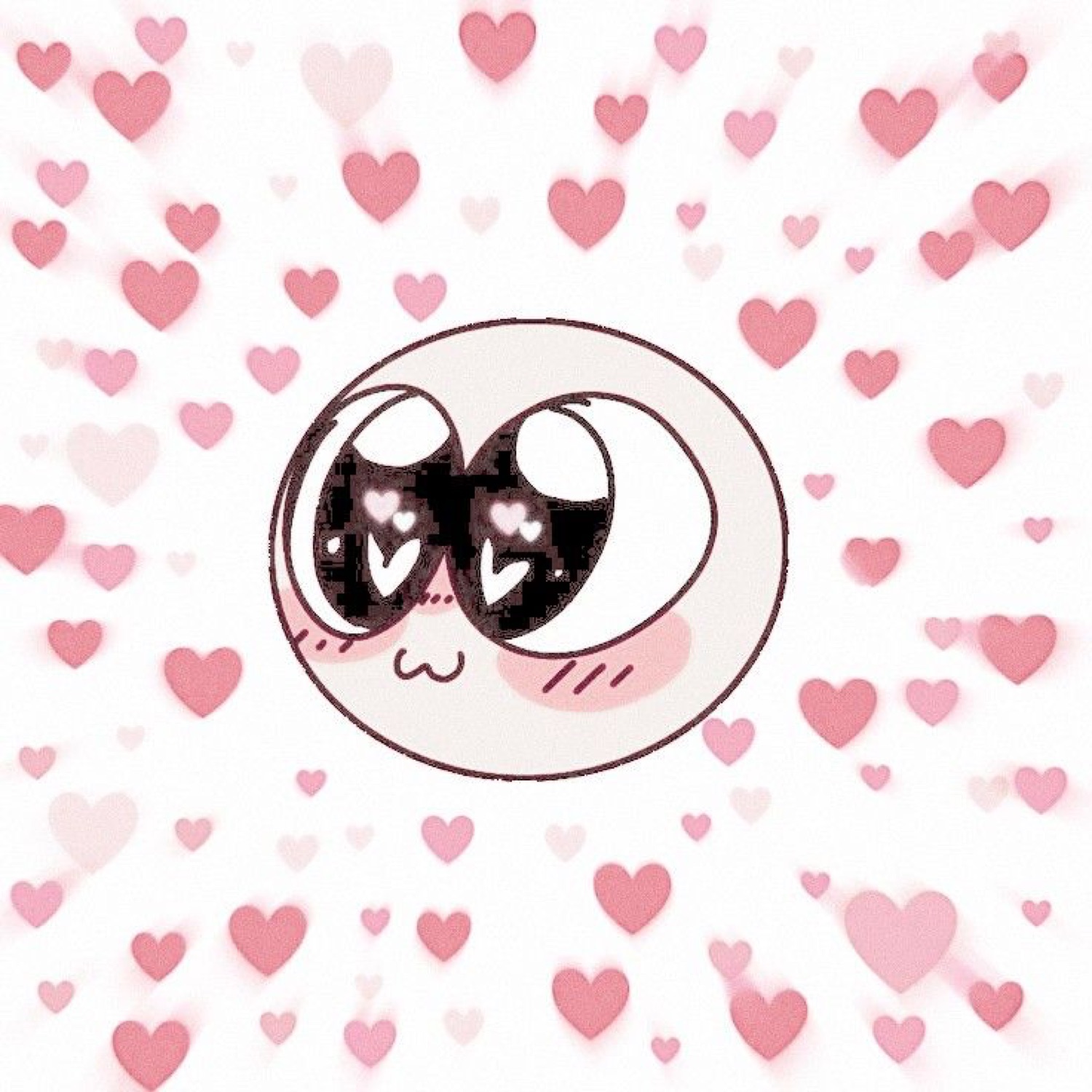Doodled blob face with sparkling heart eyes surrounded by floating pink hearts
