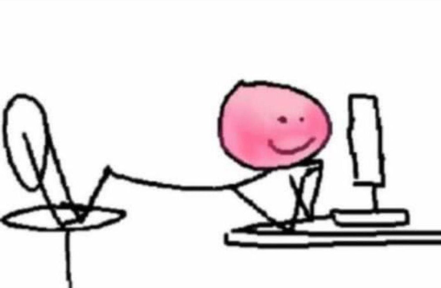 Crude pink-headed stick figure at a computer stretching one long arm across the desk