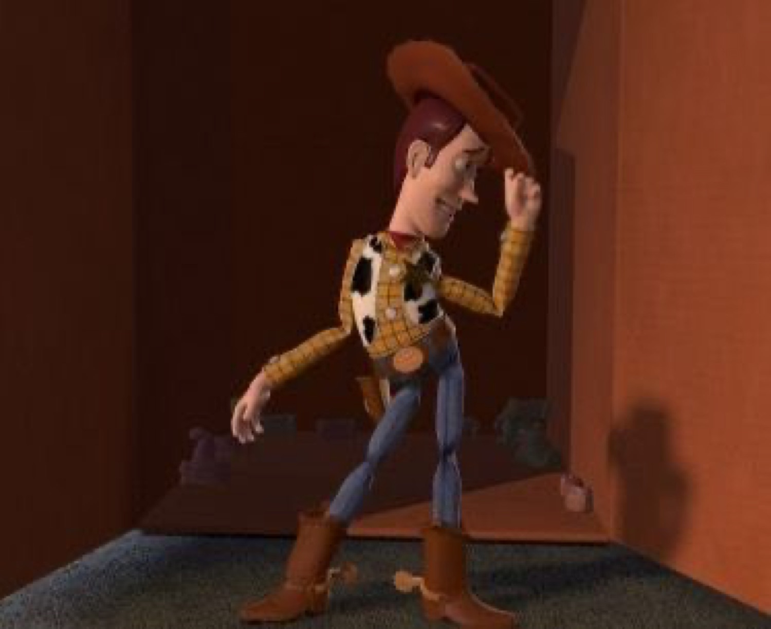 Woody from Toy Story strutting off while smugly tipping his hat