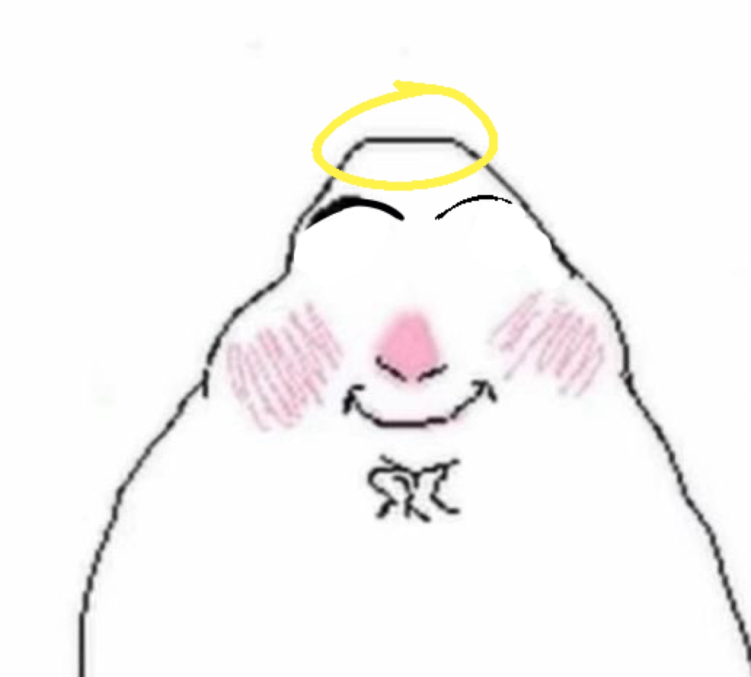 Blushing blob doodle with a smug little smile and a doodled yellow halo overhead