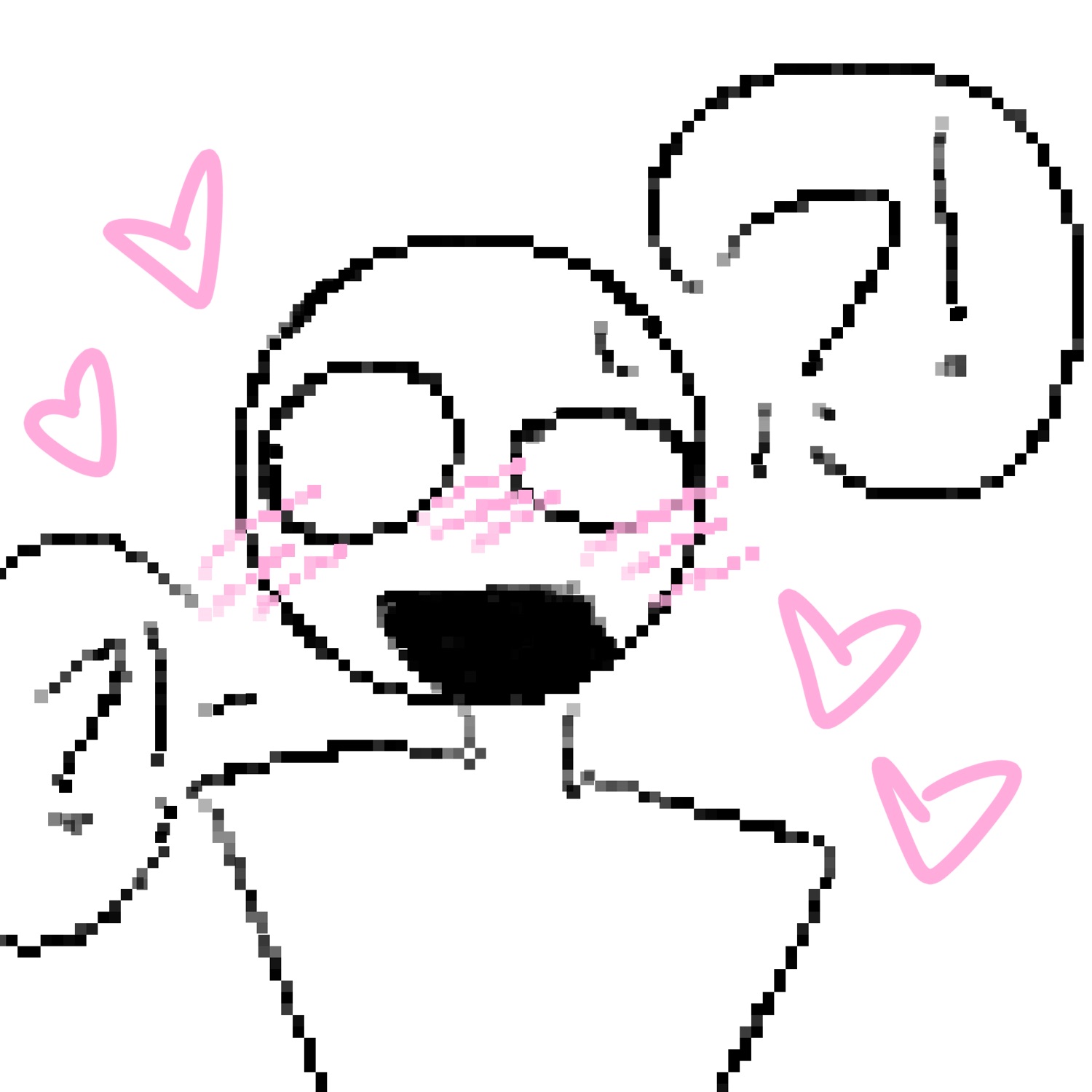 Doodled face blushing with pink hearts and question marks floating around it