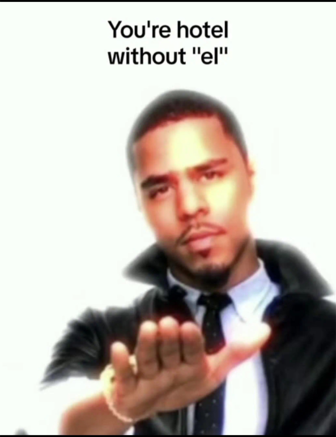 Man in a leather jacket holding out his hand: 'You're hotel without el'
