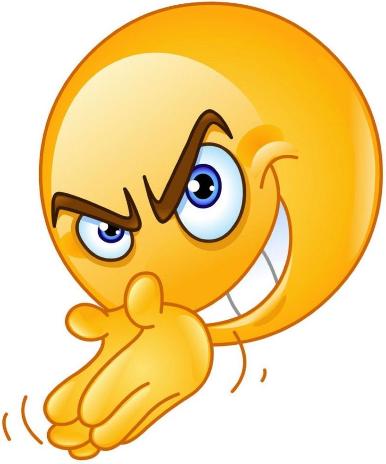 Yellow emoji with a sly grin and raised eyebrow reaching out with one hand, ready to plot