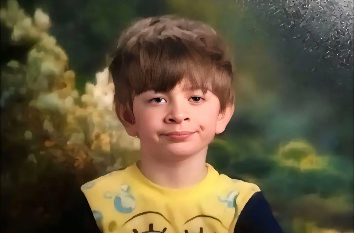Young kid with a knowing smirk in an oil-painting style school photo, wearing a yellow SpongeBob shirt