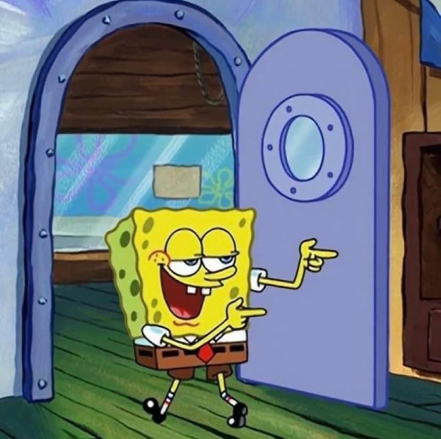 SpongeBob strutting and pointing with a confident, cocky grin