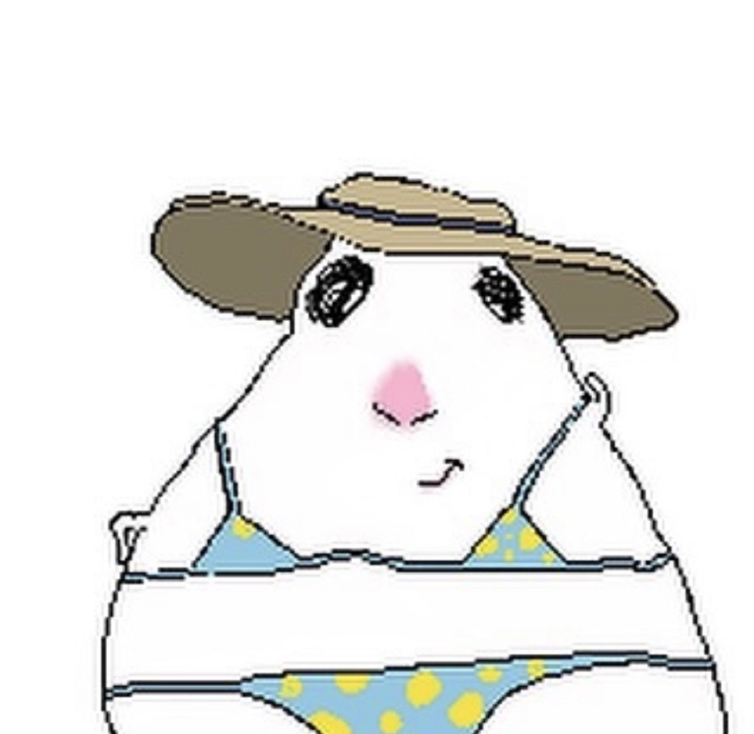 Doodled guinea pig posing in a polka-dot bikini and a floppy sun hat