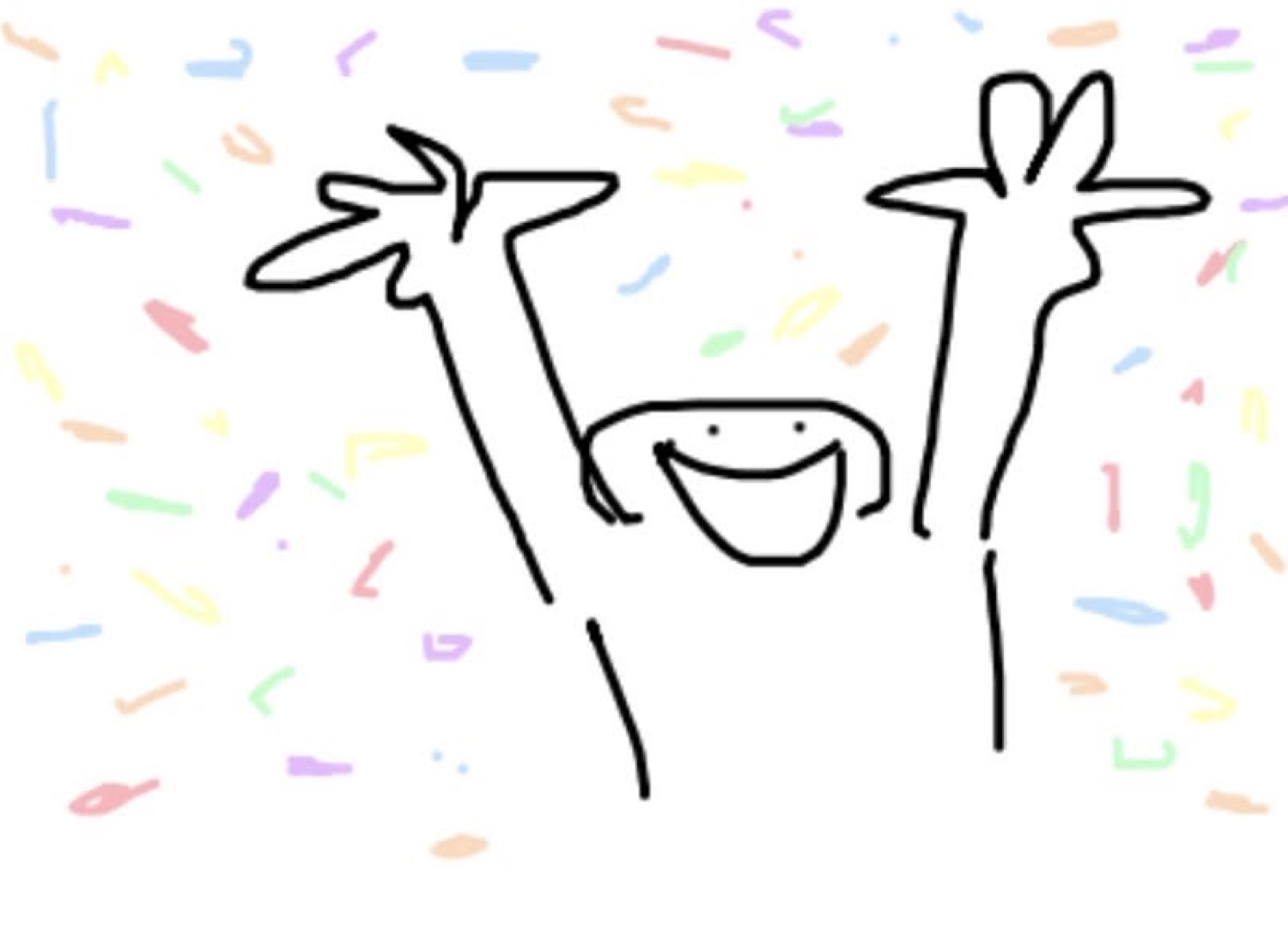 Stick-figure doodle throwing both hands up and beaming amid a shower of confetti