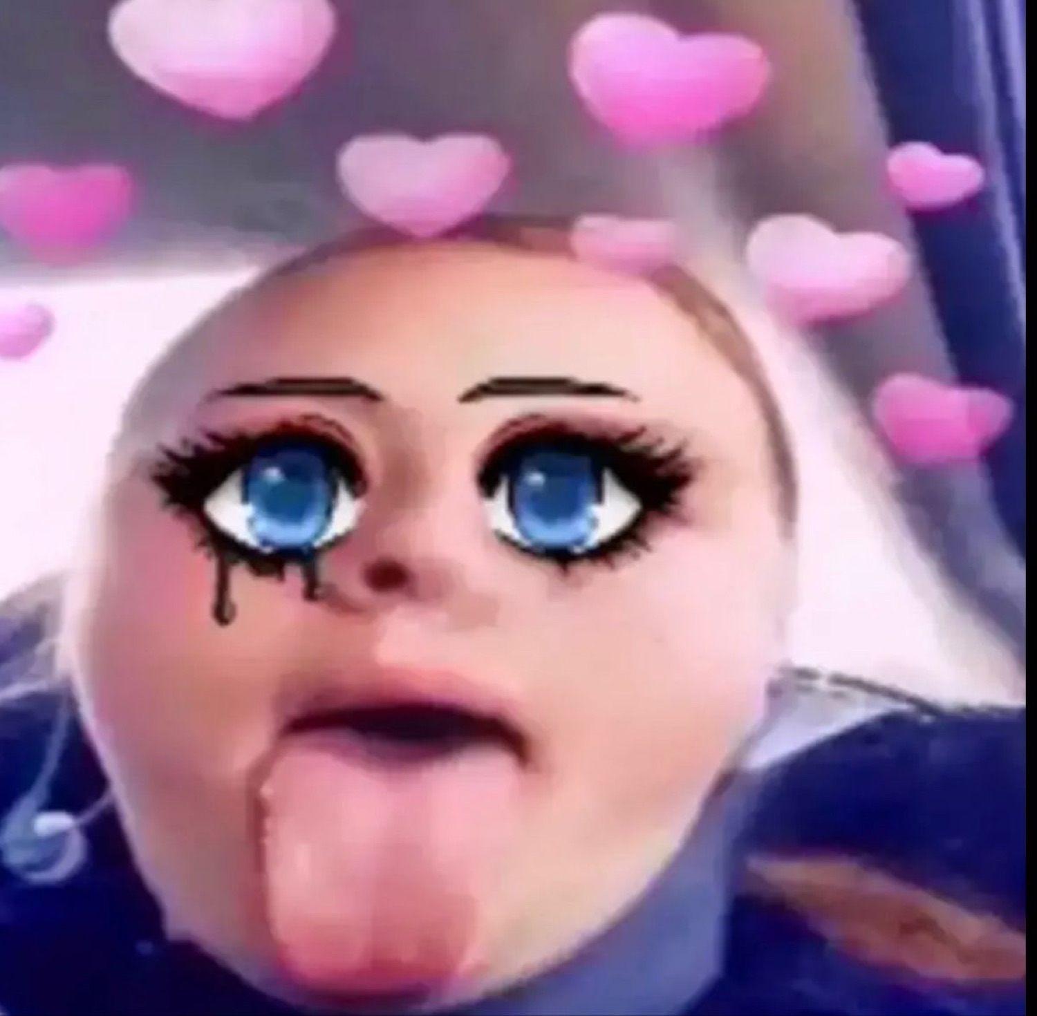 Selfie with a big-anime-eyes filter, tongue out and pink hearts floating around