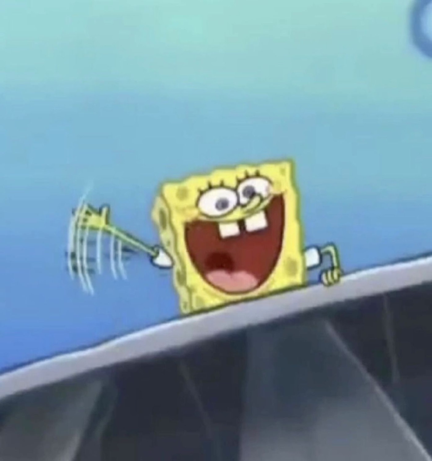 SpongeBob popping up over a ledge grinning and waving excitedly