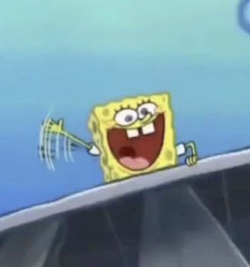 SpongeBob popping up over a ledge grinning and waving excitedly