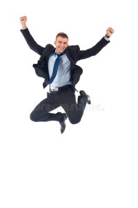 Stock-photo businessman leaping midair with both fists up in victory