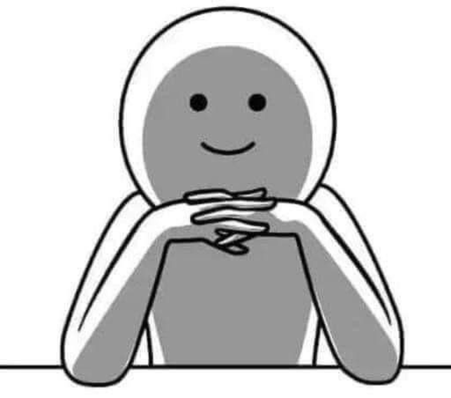 Simple gray doodle figure resting chin on clasped hands with a smug little smile
