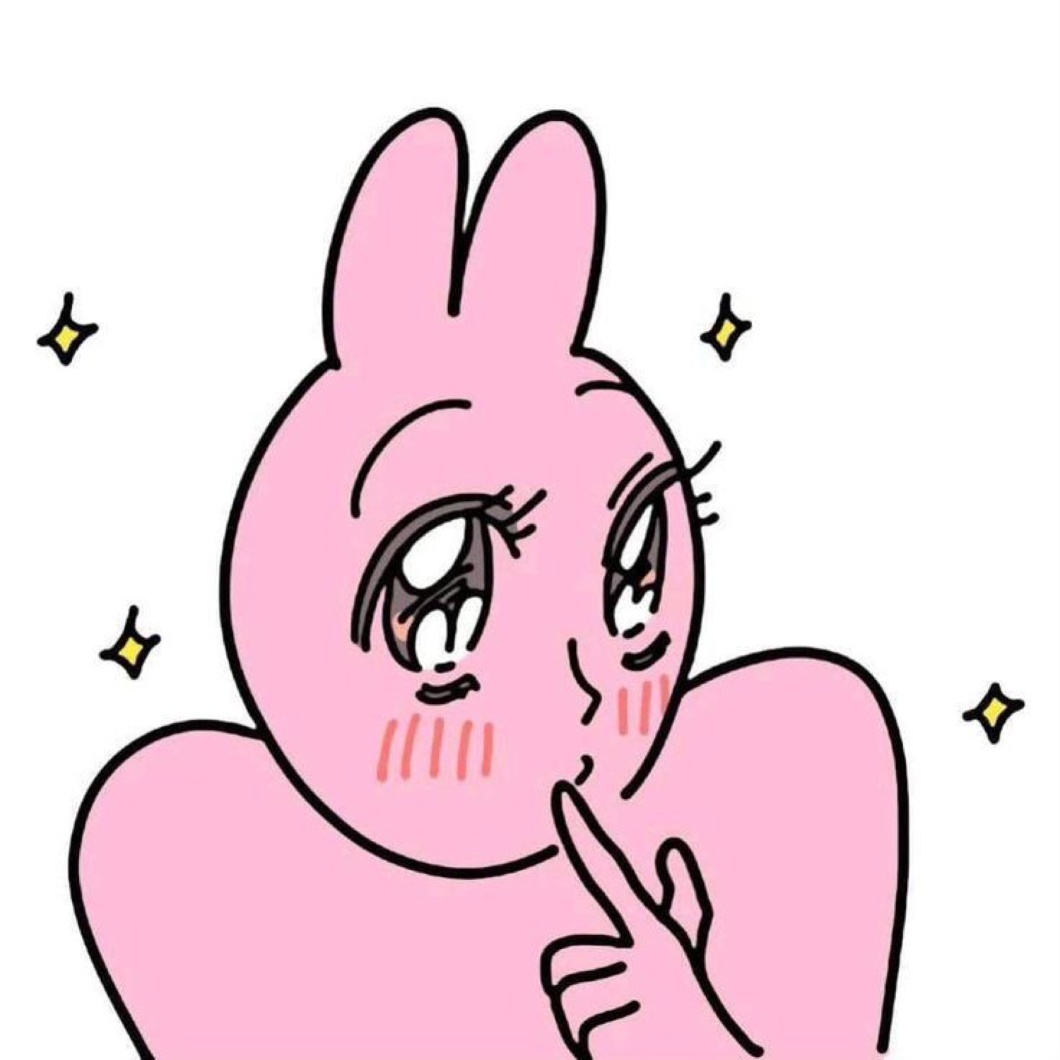 Cute pink cartoon bunny tapping chin thoughtfully with big sparkly eyes