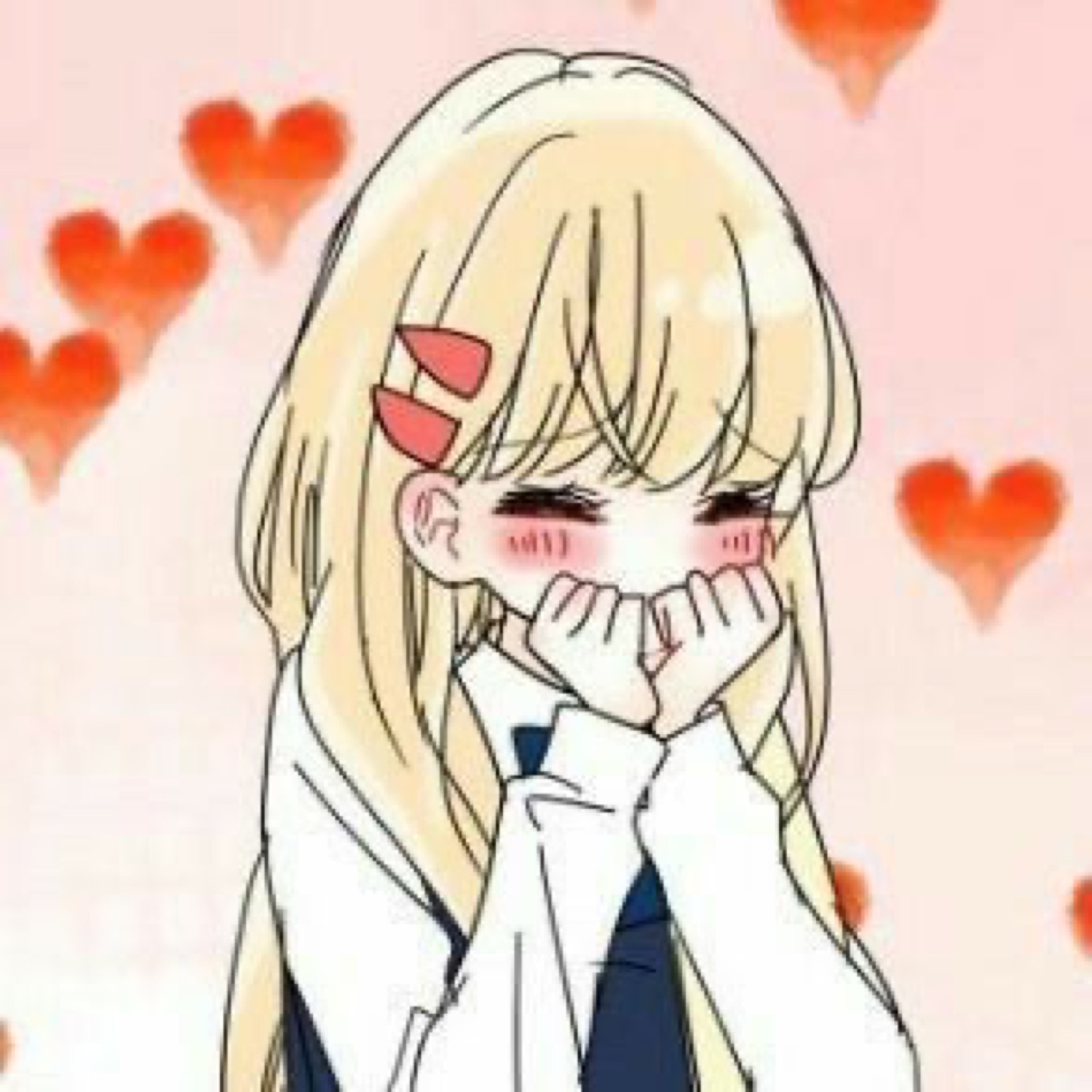 Blonde anime girl blushing behind both hands with hearts floating around her