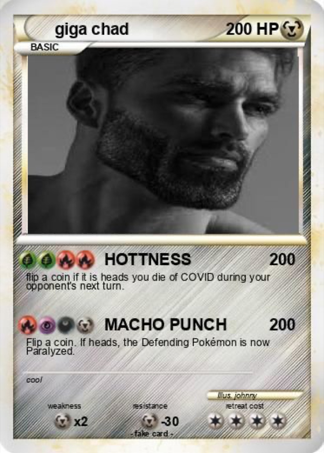 Gigachad as a Pokemon card: 200 HP, 'HOTTNESS' and 'MACHO PUNCH'