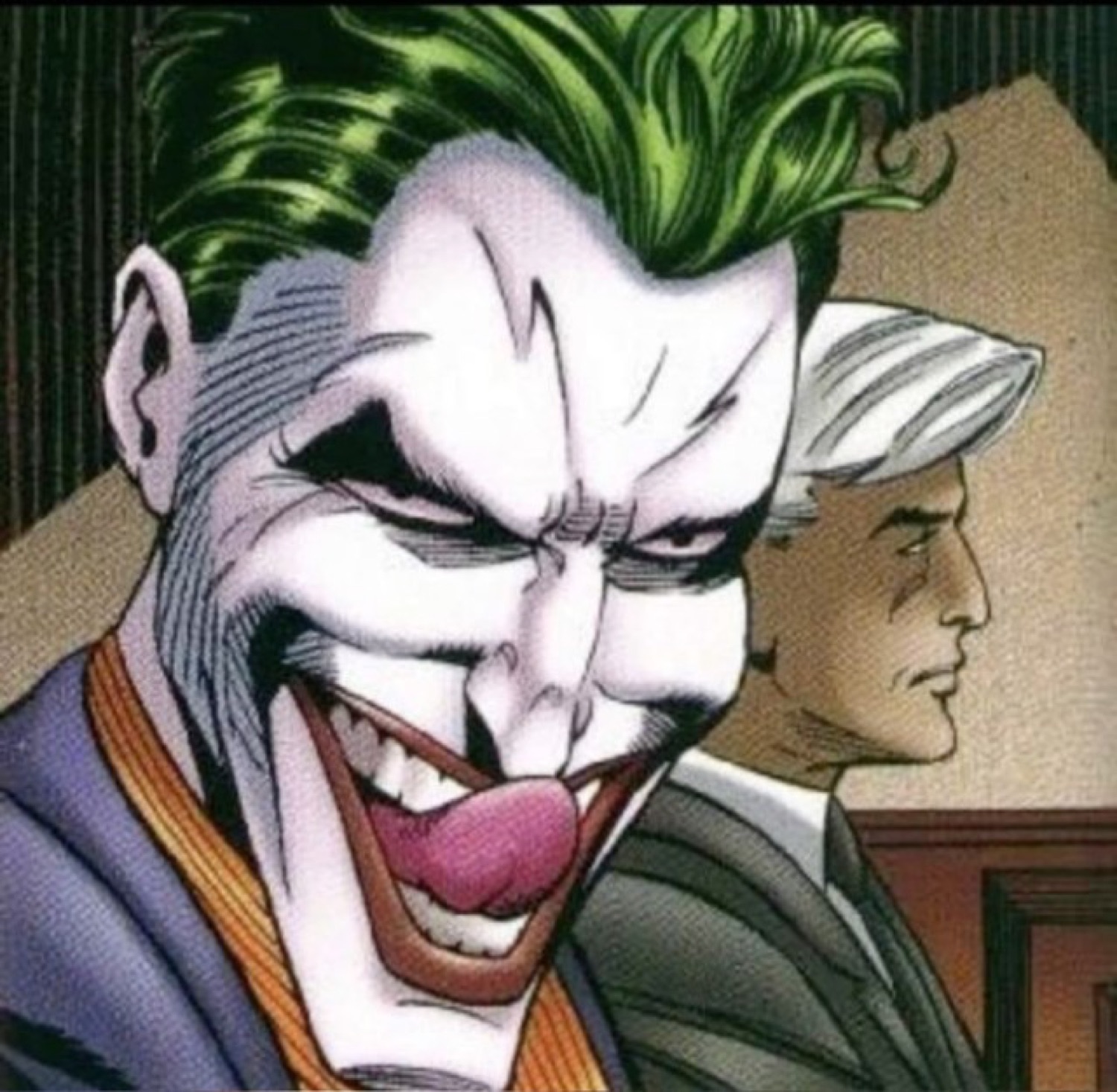 The Joker in comic book art leering with a menacing grin