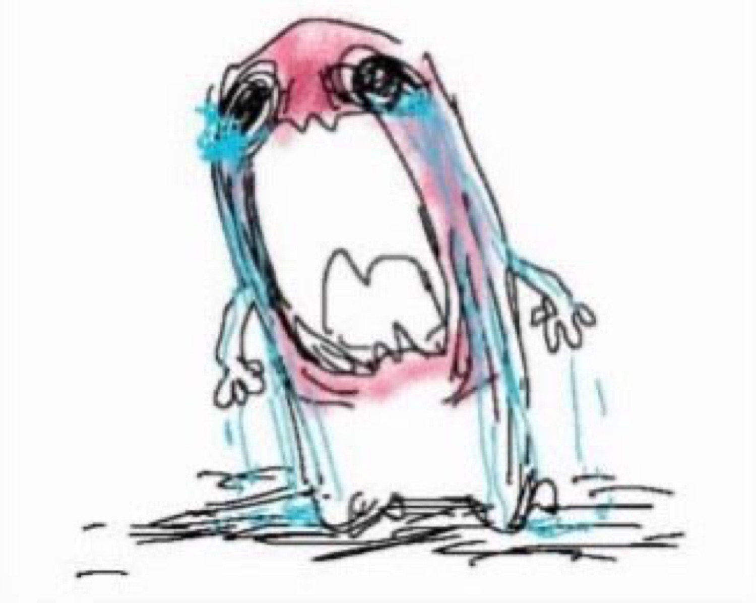 Sketchy pink cartoon creature sobbing its entire face off in dramatic fashion