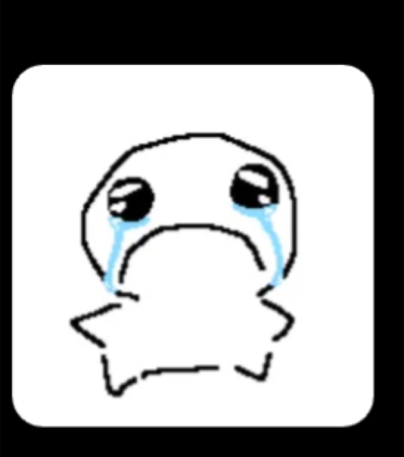 Crudely drawn crying face with teary eyes and a wobbly frown on a white square