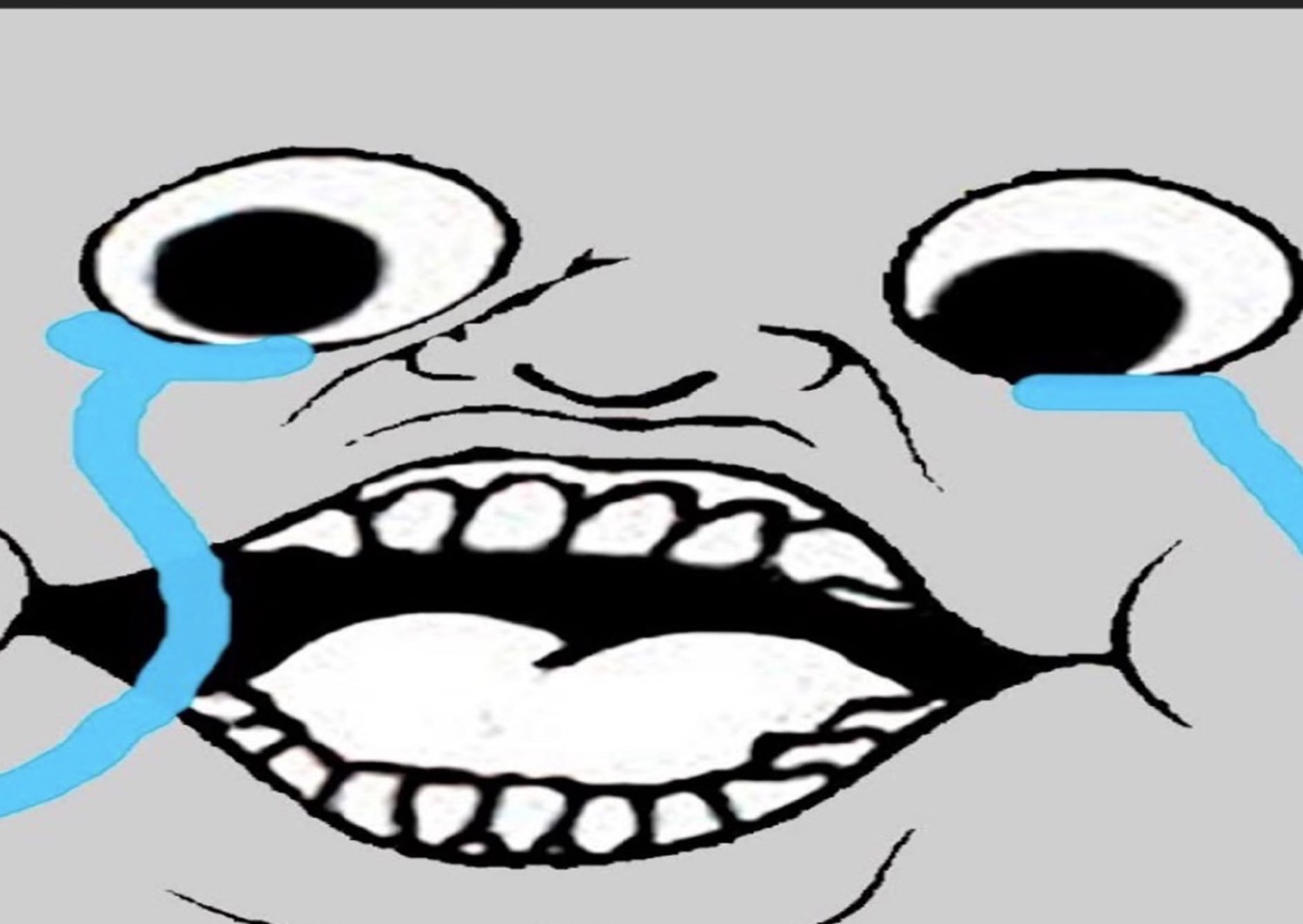 Distorted rage-comic face with googly eyes and blue tears streaming while sobbing