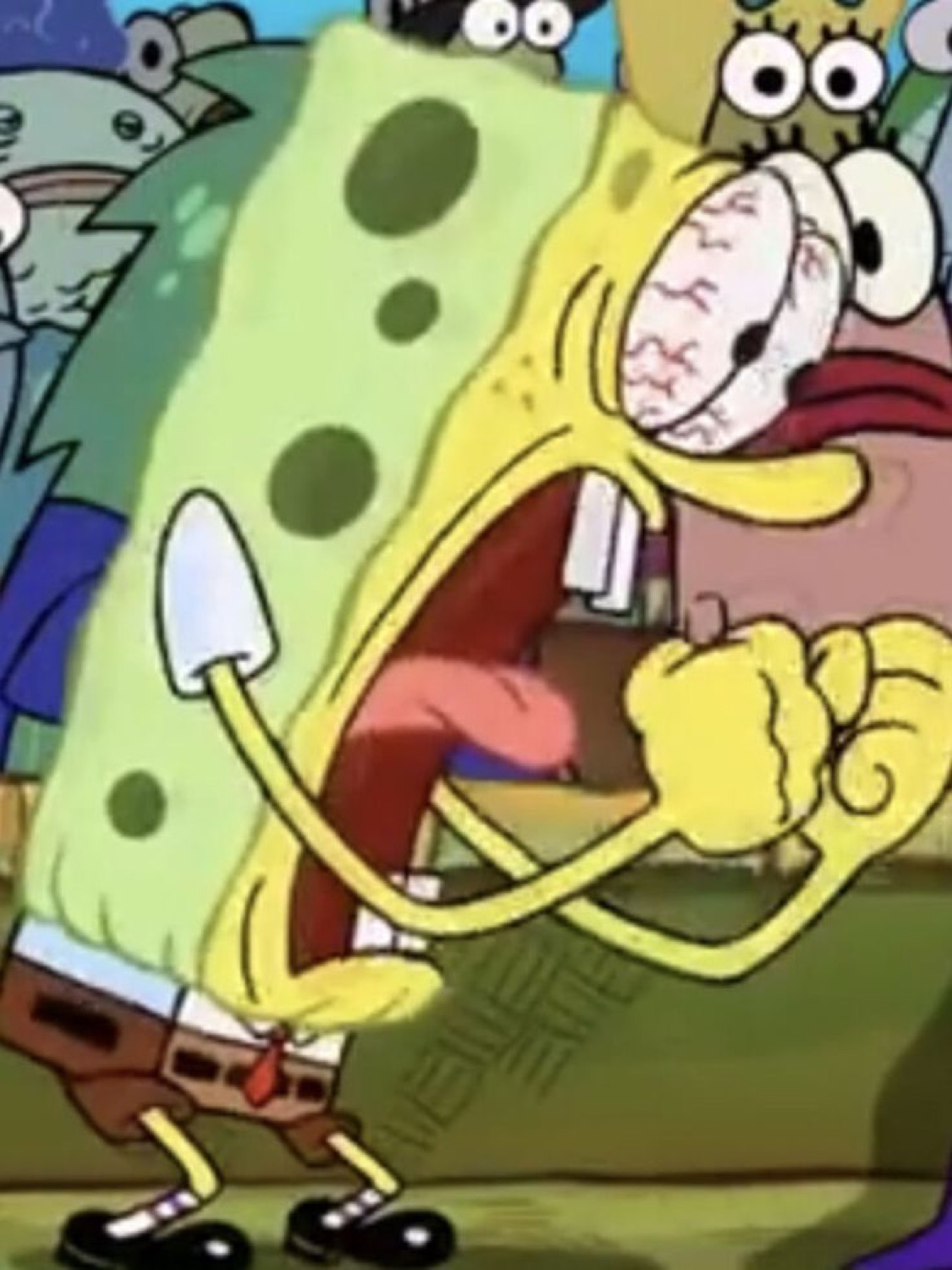 SpongeBob with his face stretched wide open in an unhinged scream