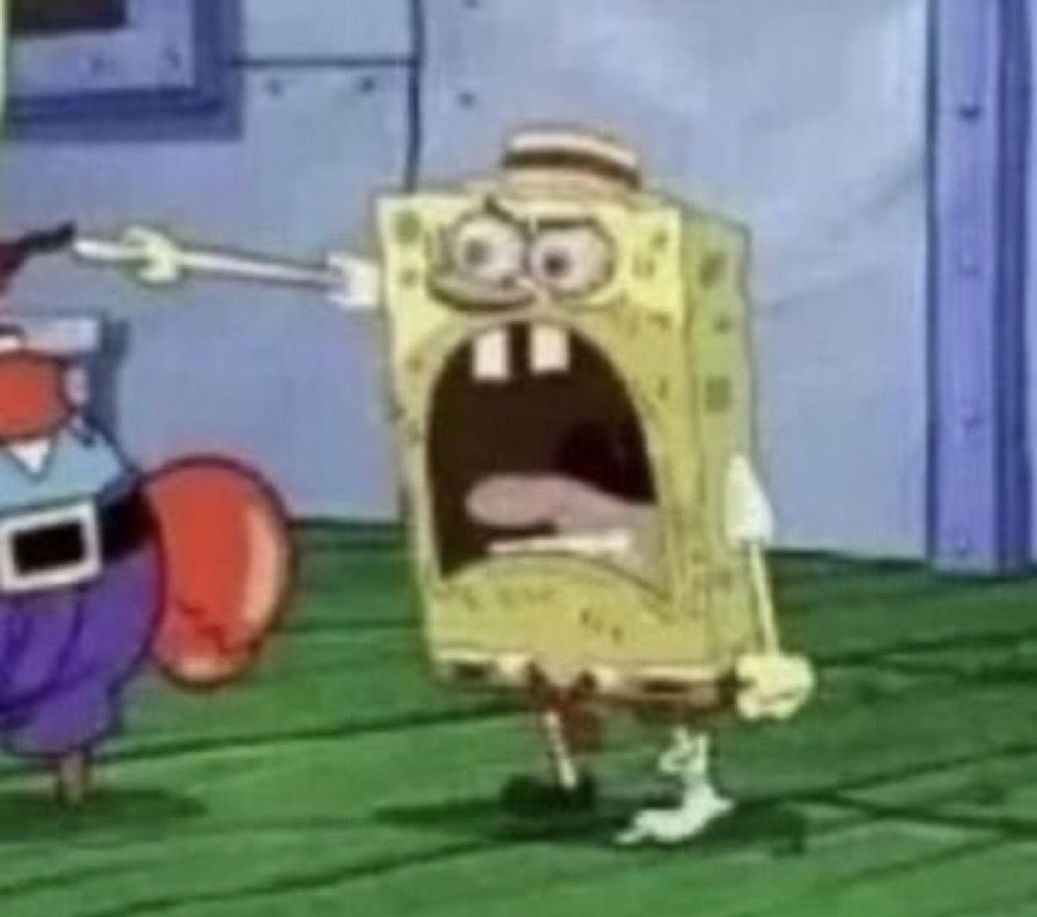 SpongeBob screaming with a distorted wide-open mouth while being pointed at