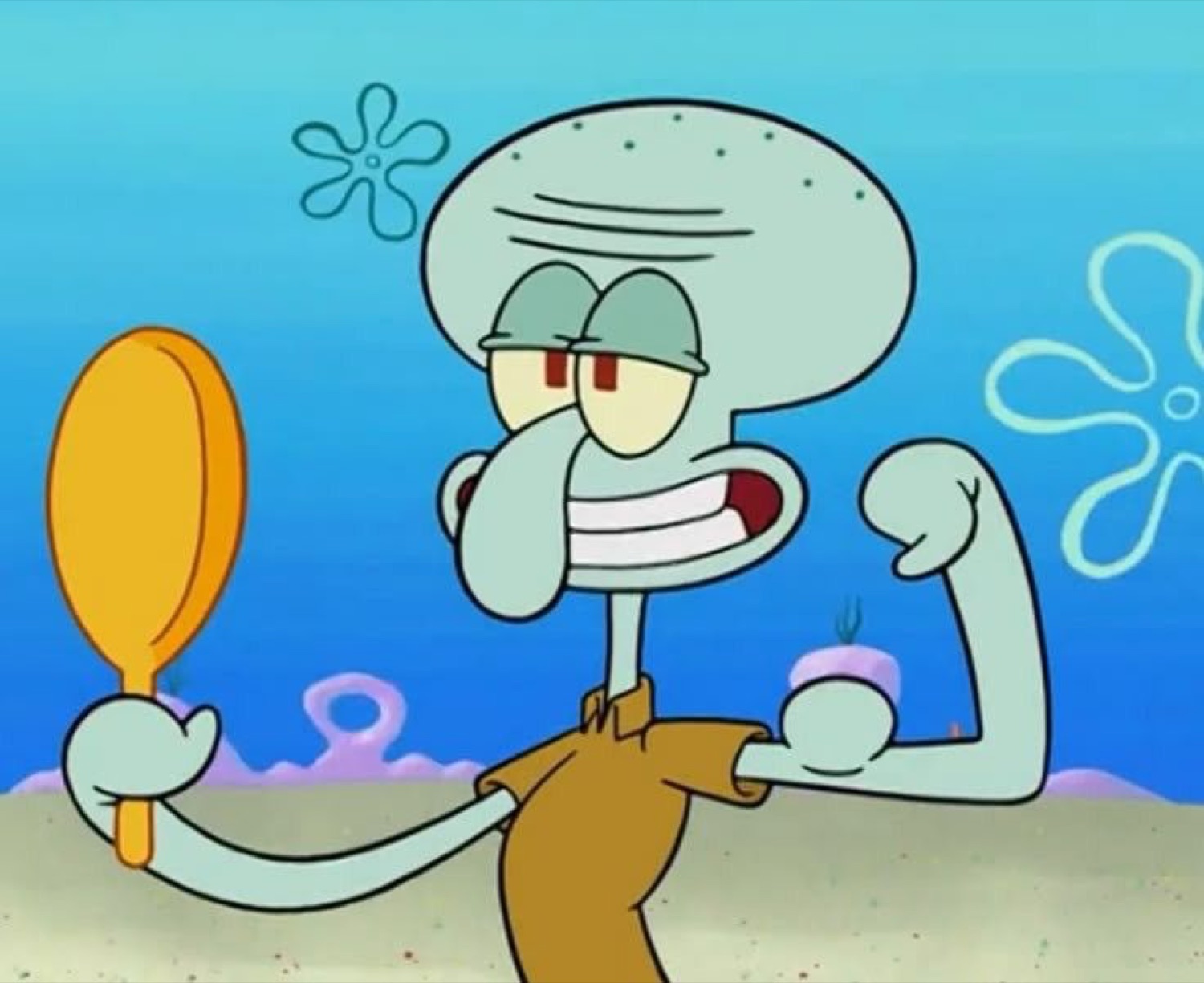 Squidward smugly flexing a tiny bicep while holding a hand mirror