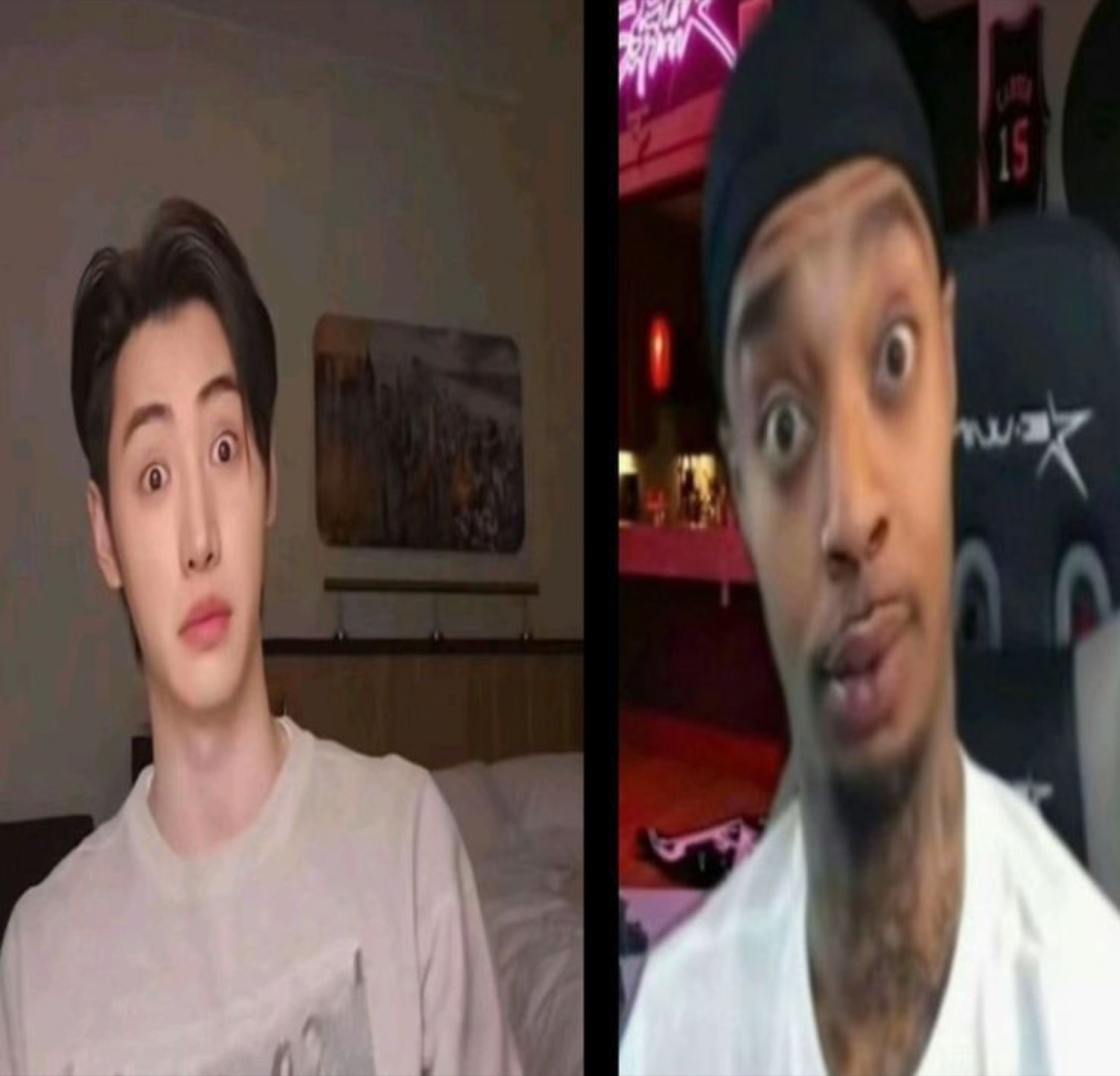 Two guys side by side both staring ahead with enormous wide eyes in total disbelief