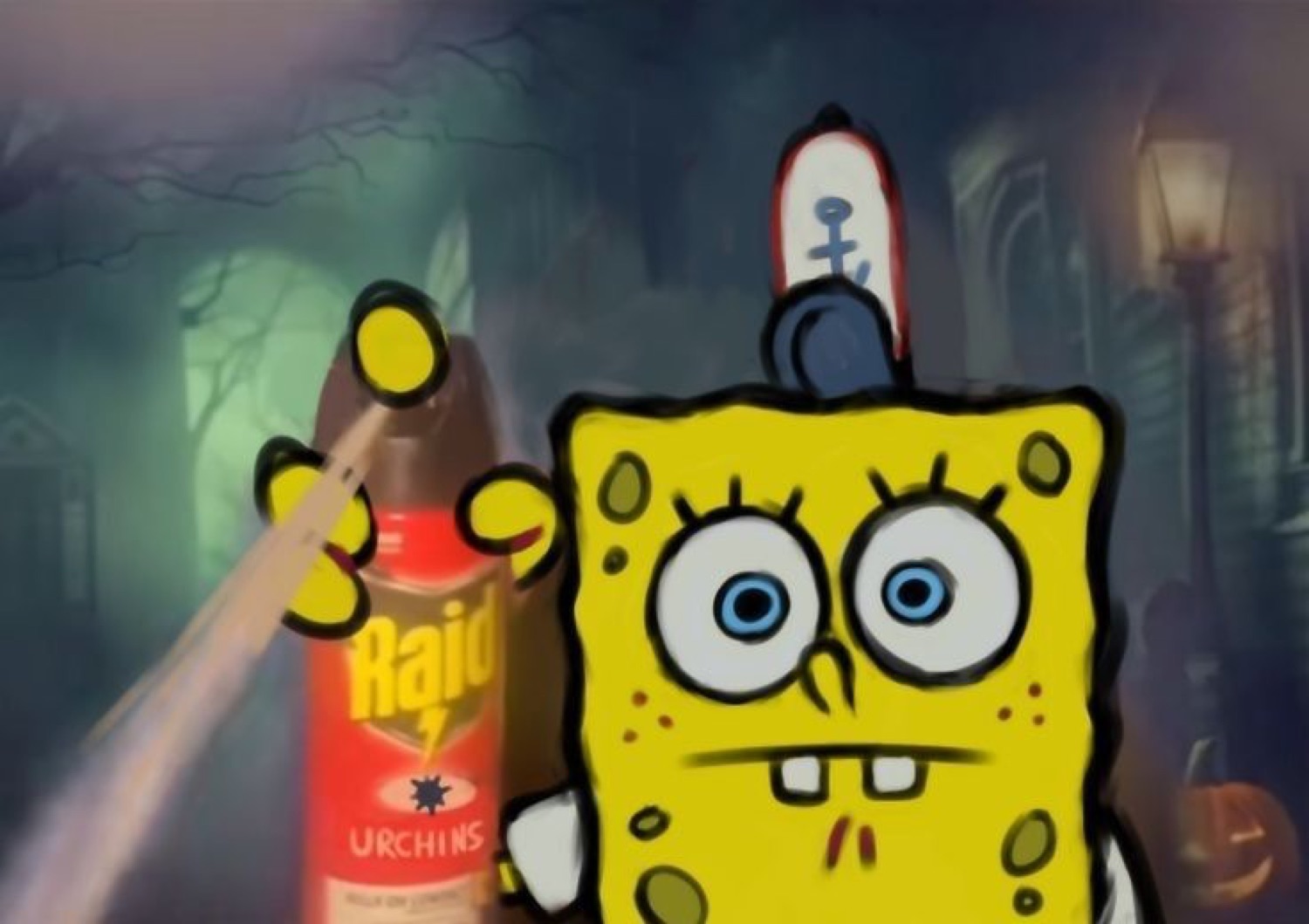 Wide-eyed SpongeBob spraying a can of 'Raid: Urchins' with a nervous stare