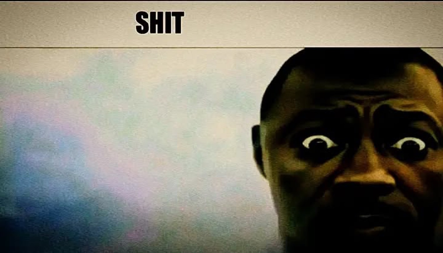Animated wide-eyed face with eyes bulging in pure shock, text above reads 'SHIT'
