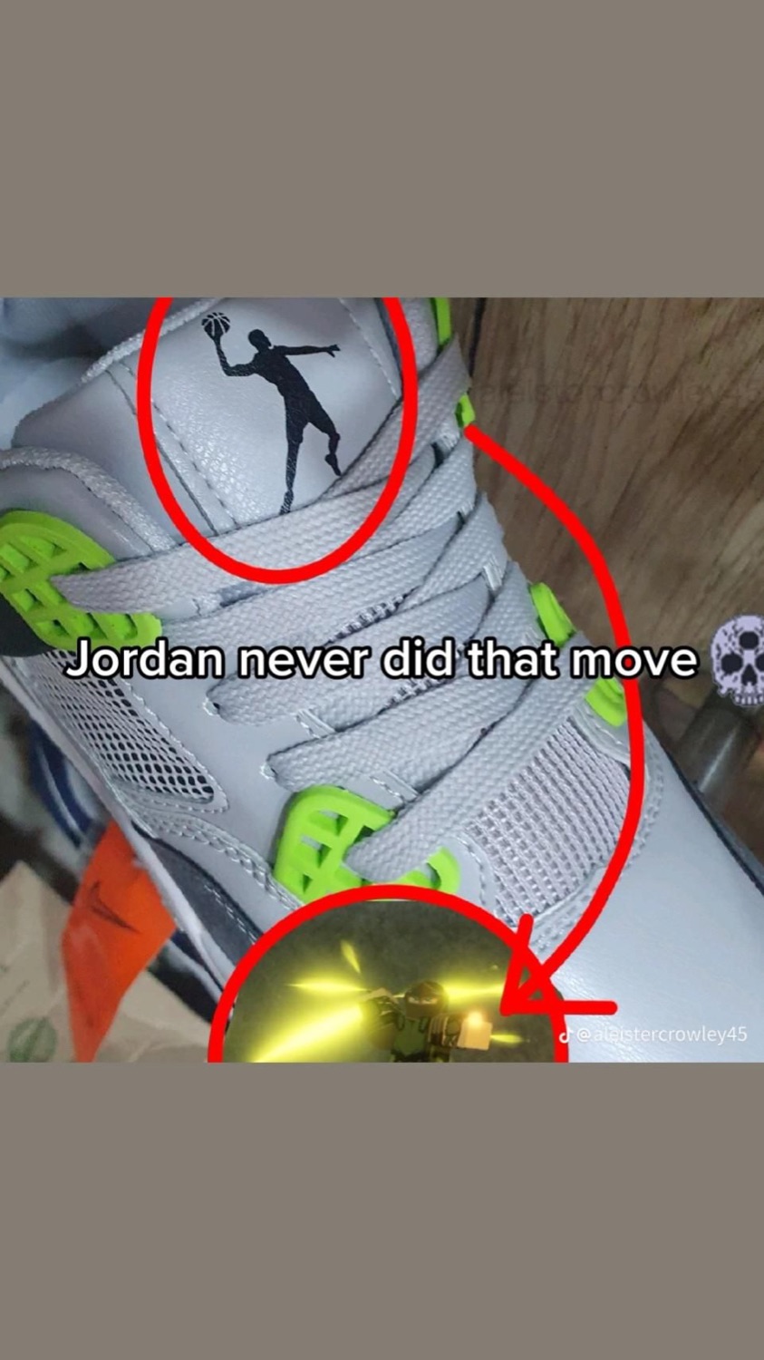 Bootleg Jordan sneaker with a weird logo circled under 'Jordan never did that move ๐'
