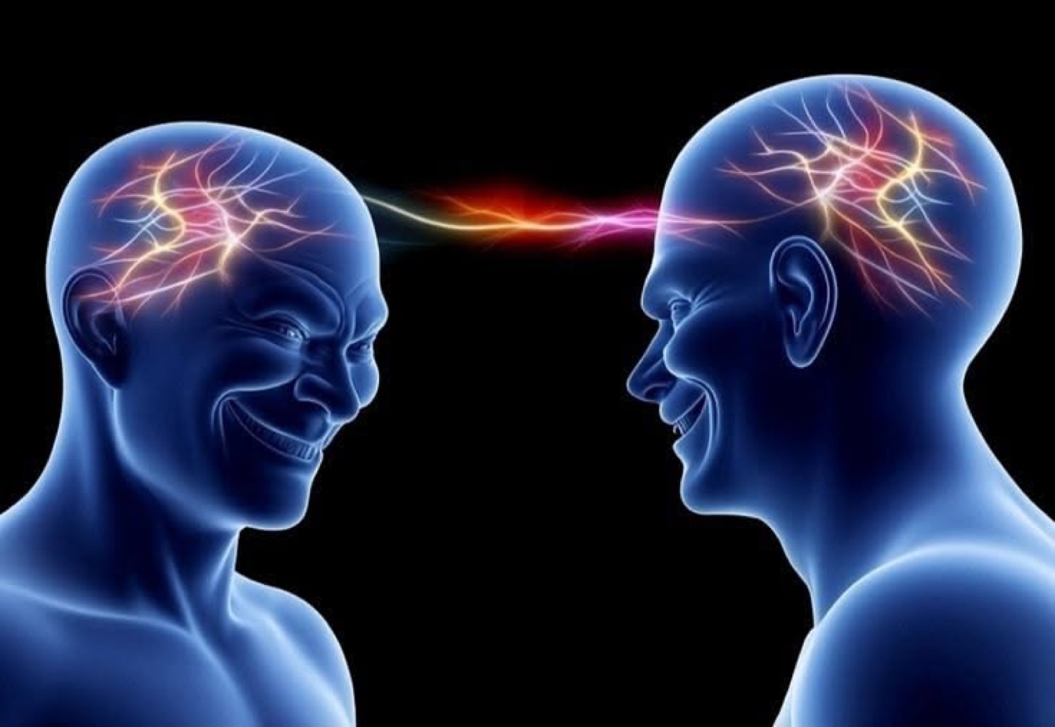 3D-rendered glowing blue silhouettes facing each other with electric brain connection