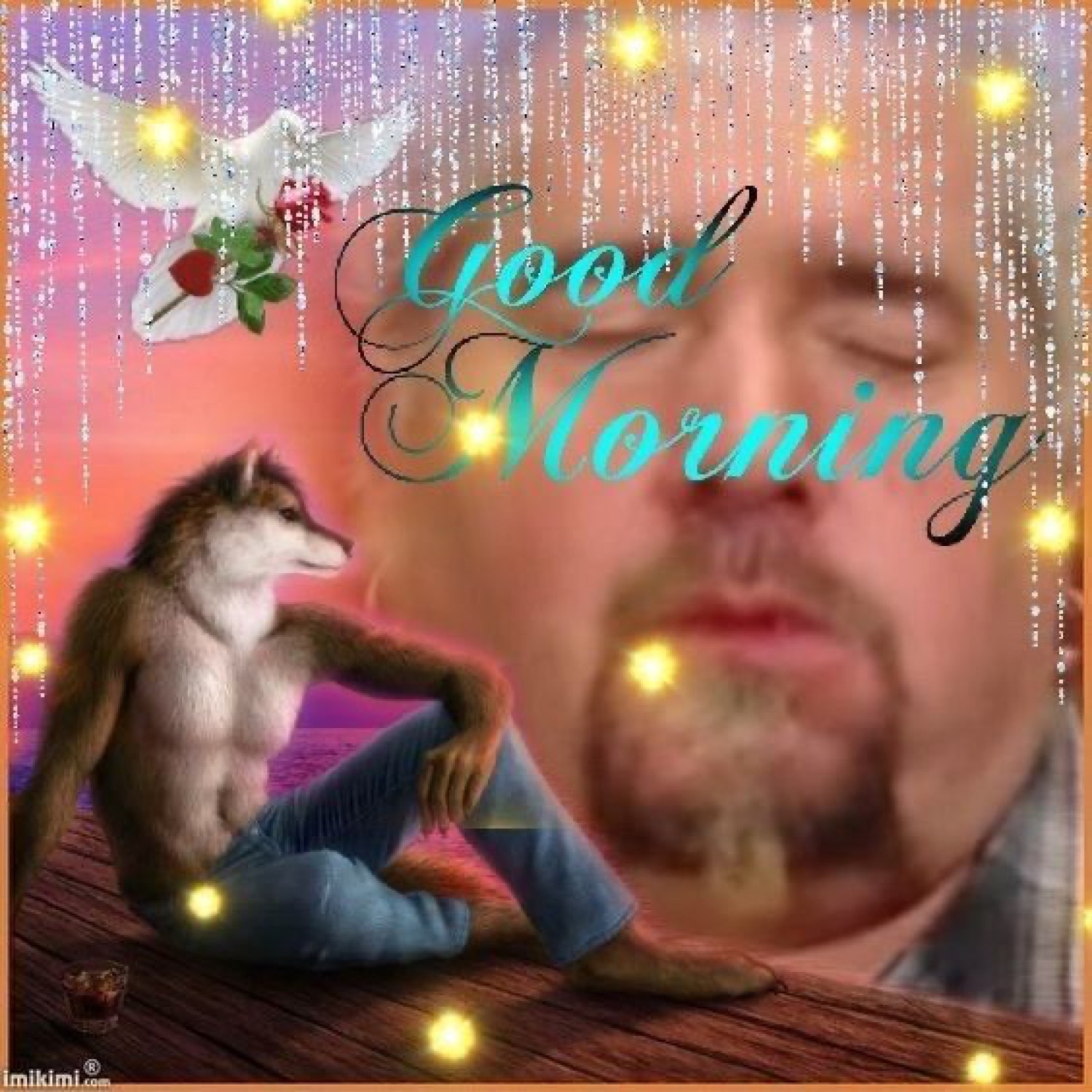 Glittery collage of a man's face and a wolf: 'Good Morning'