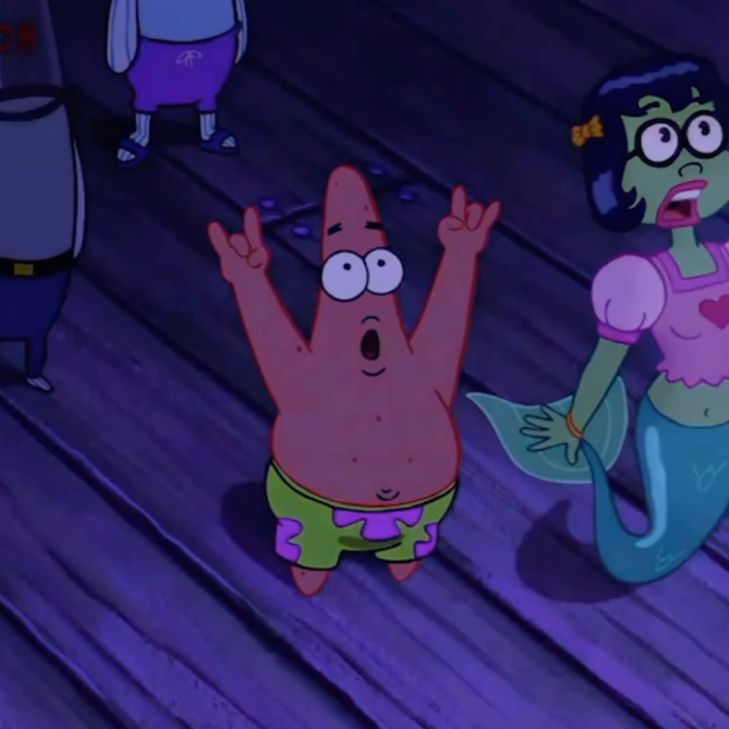 Patrick Star throwing hands in the air with wide shocked eyes at a nightclub