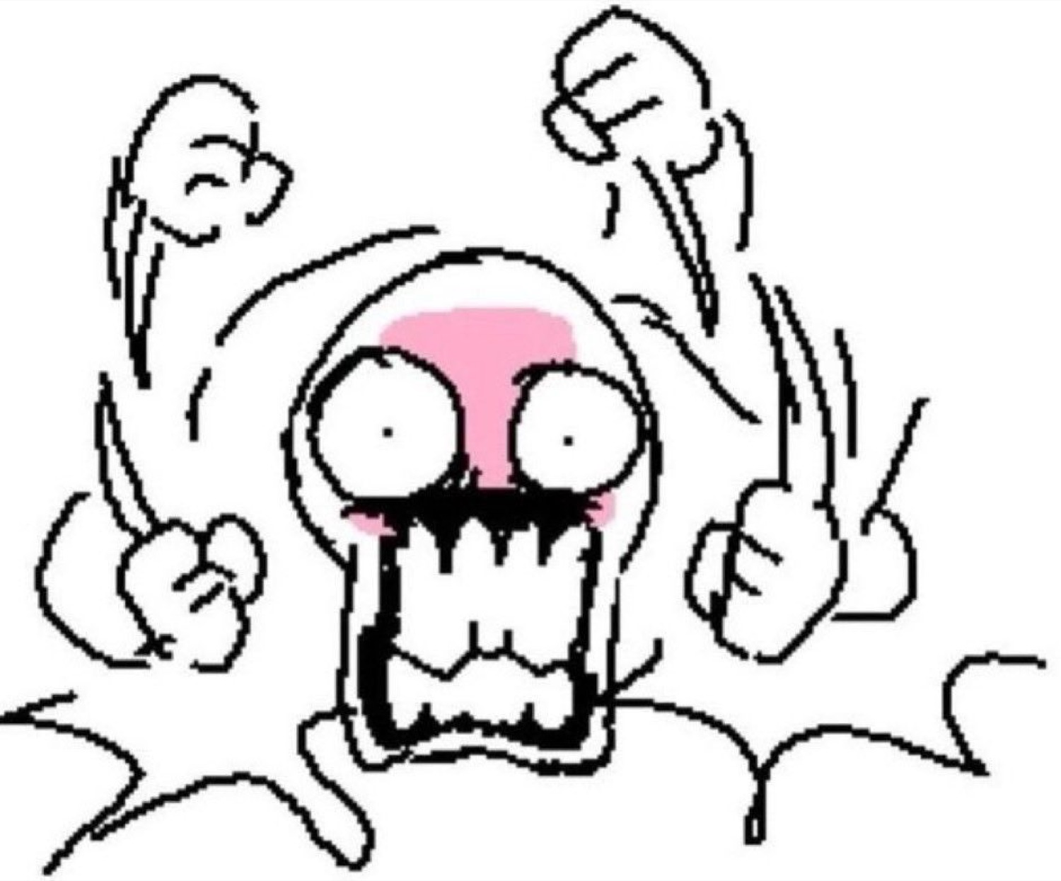 Crude doodle face screaming with bulging eyes and four flailing fists