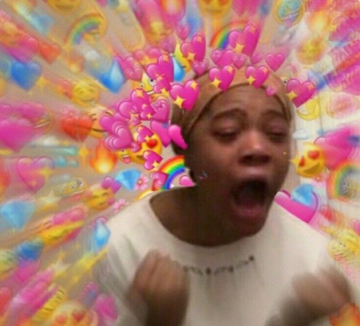 Person screaming with mouth wide open, surrounded by an explosion of colorful heart and emoji confetti