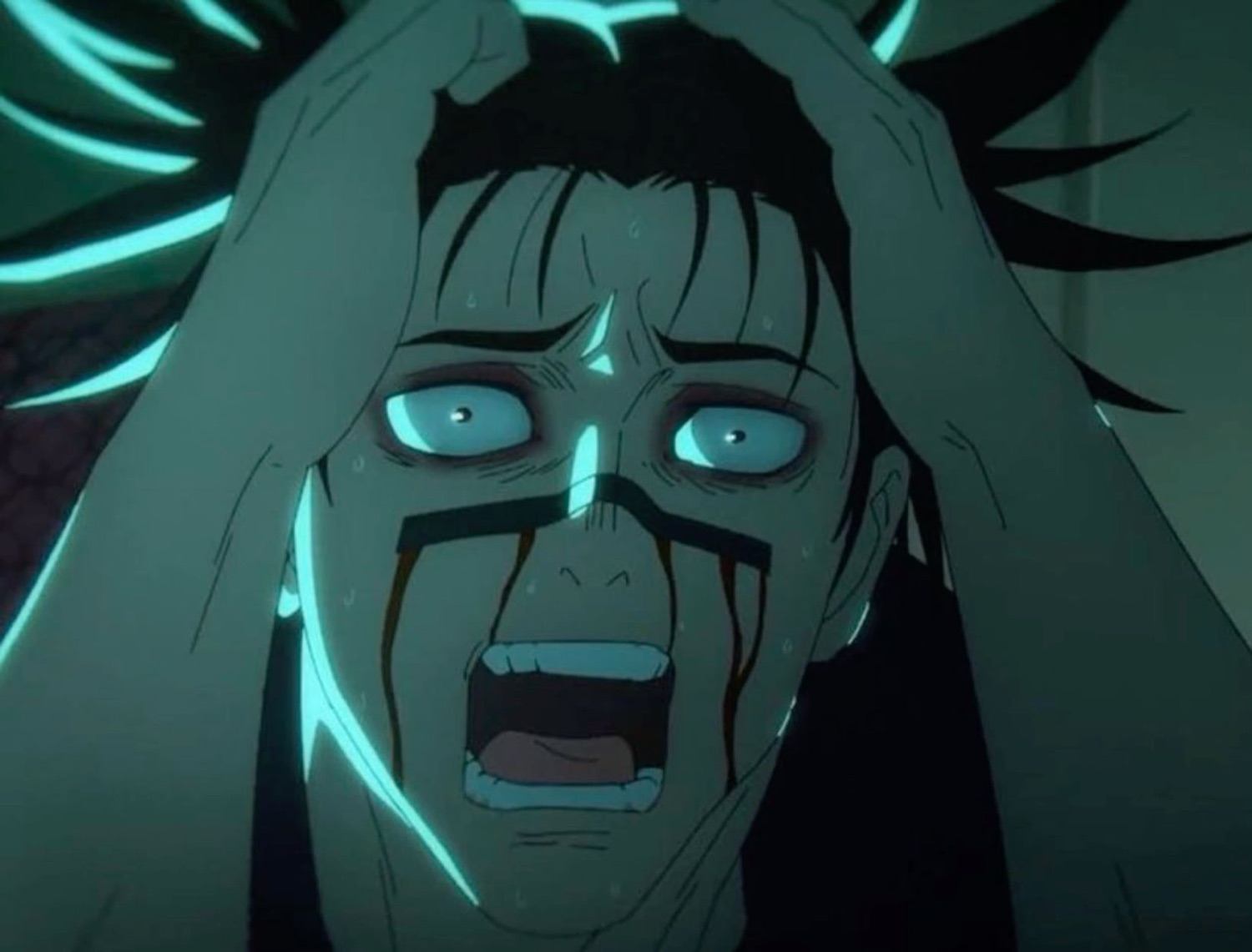 Anime character gripping their head and screaming, face streaked with tears