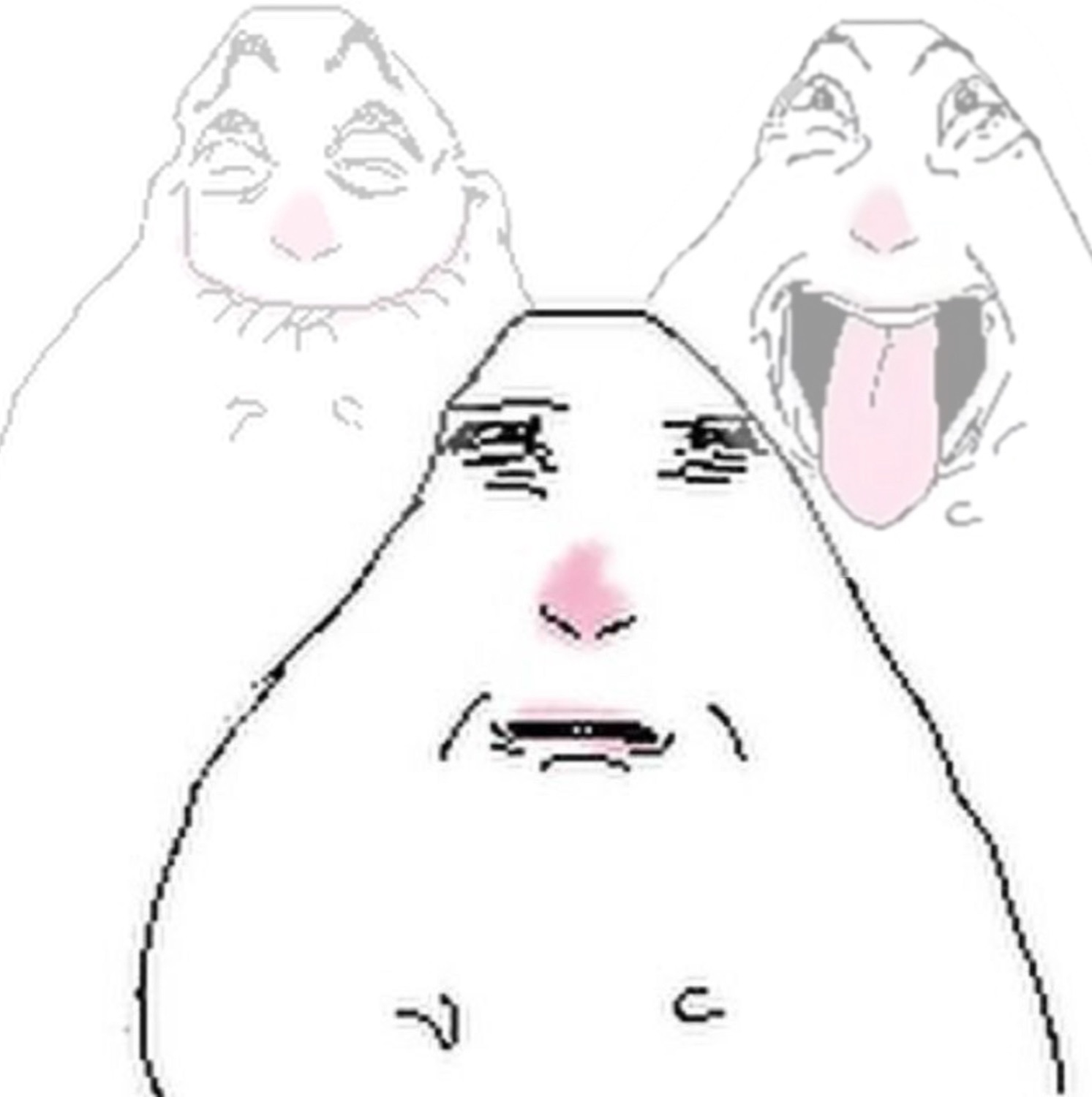 Three wojak faces: smug closed-eye, deadpan center, and one screaming wide open