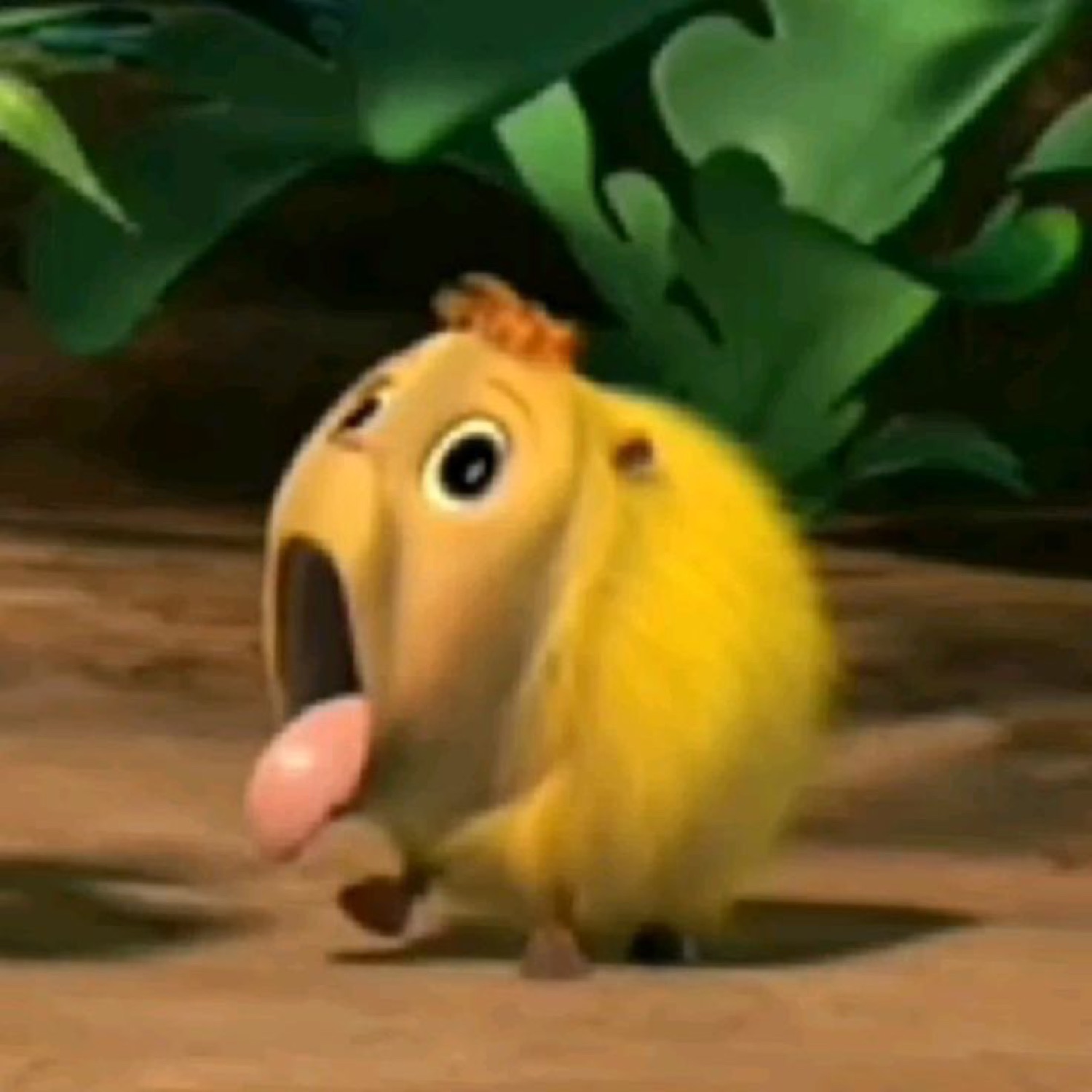 Tiny round yellow cartoon bird frozen in shock with mouth wide open