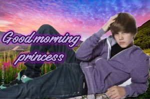 Young Justin Bieber cutout lounging in a lavender hoodie over a dreamy sunset background, captioned 'Good morning princess'