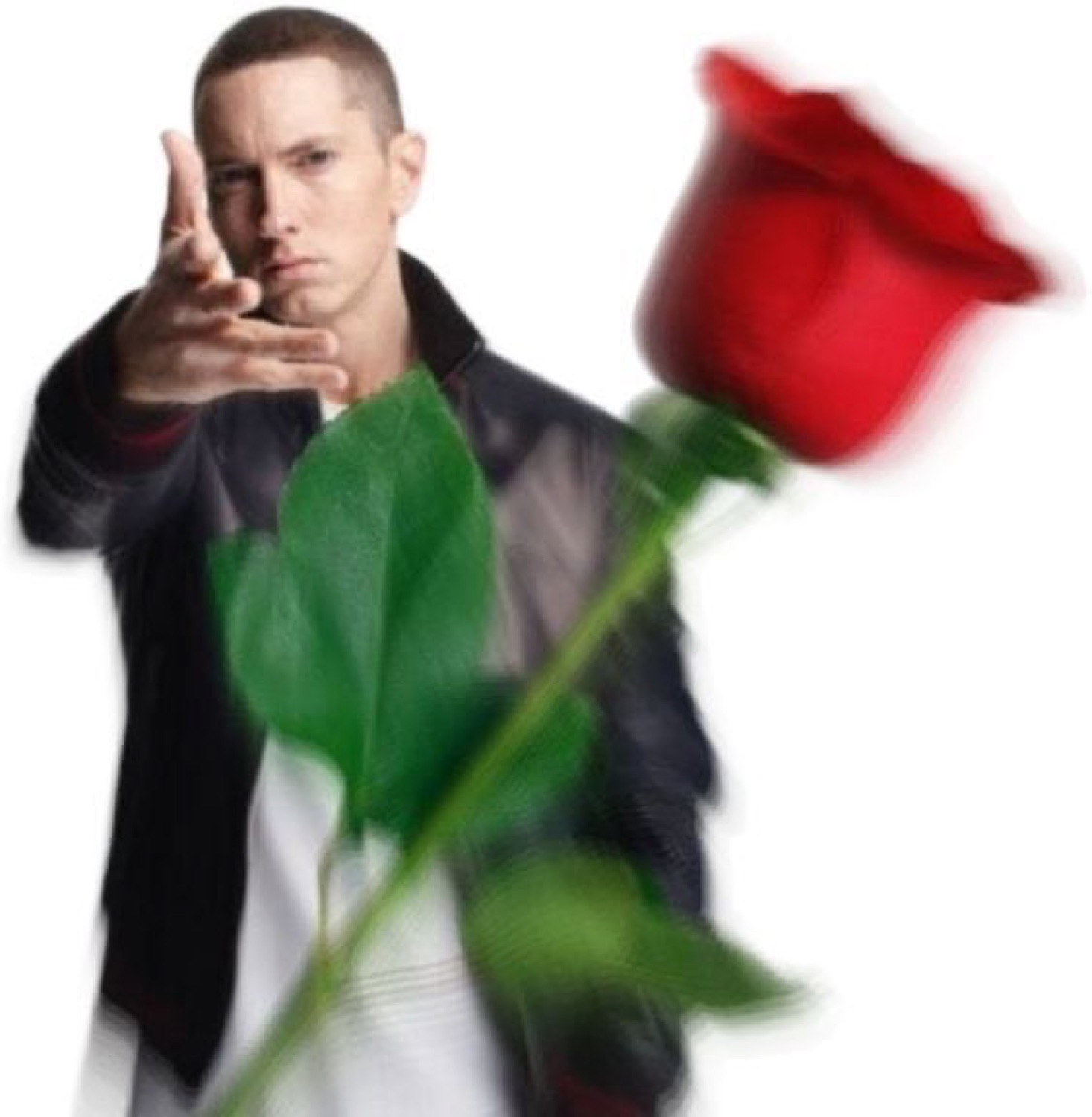 Eminem holding out a rose with a stone-cold deadpan expression