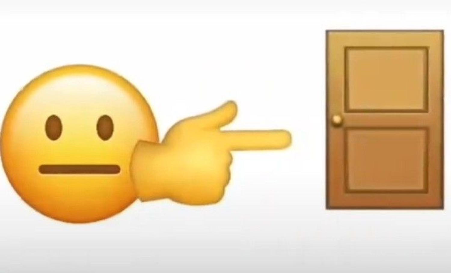 Neutral-face emoji pointing at a door