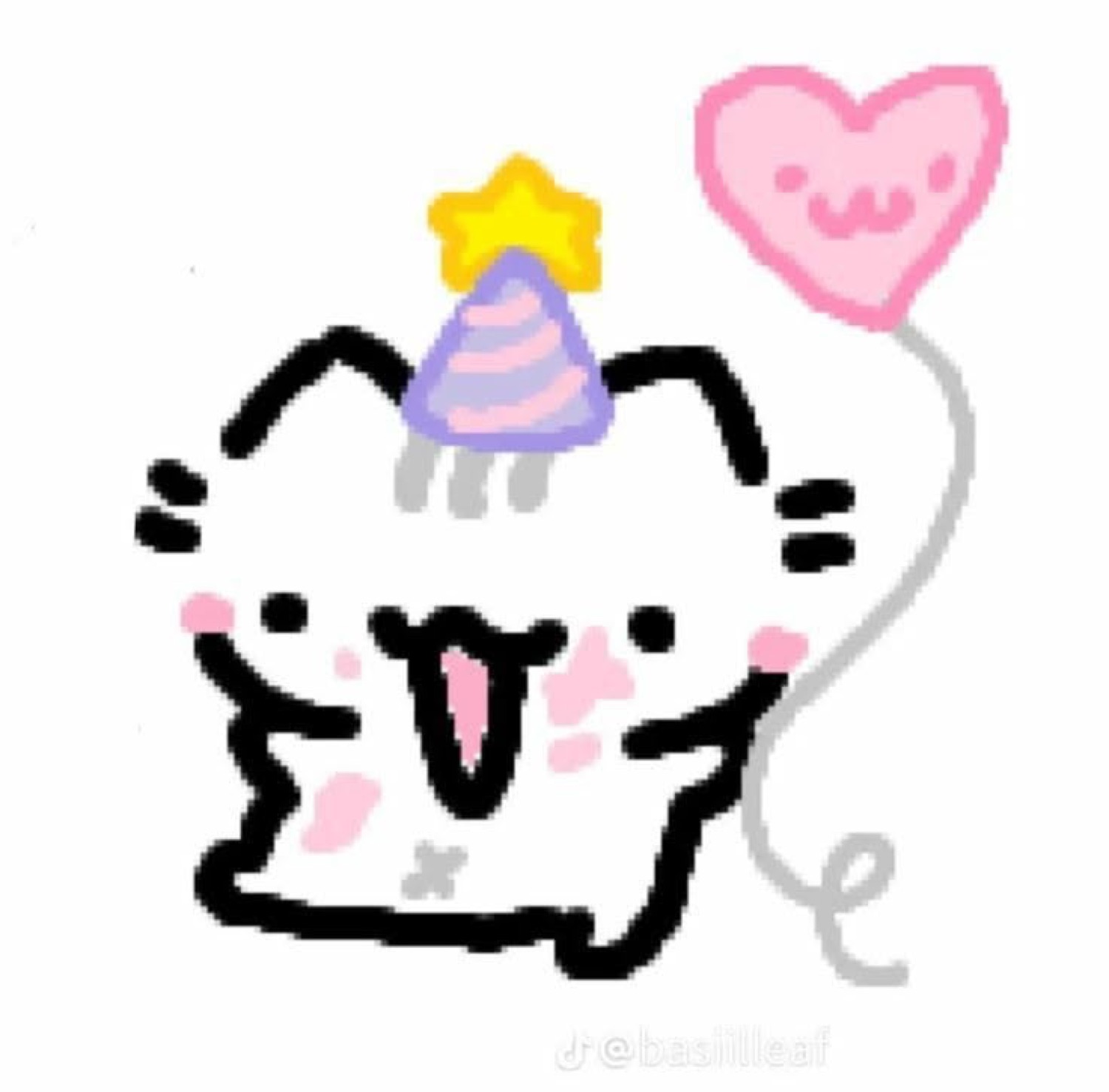 Pixel-art kitty in a party hat holding a heart balloon